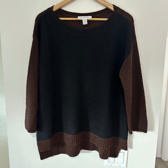 St John | Women’s Colour Block Sweater Cropped Sleeve Black and Brown Wool Blend - Picture 2 of 13